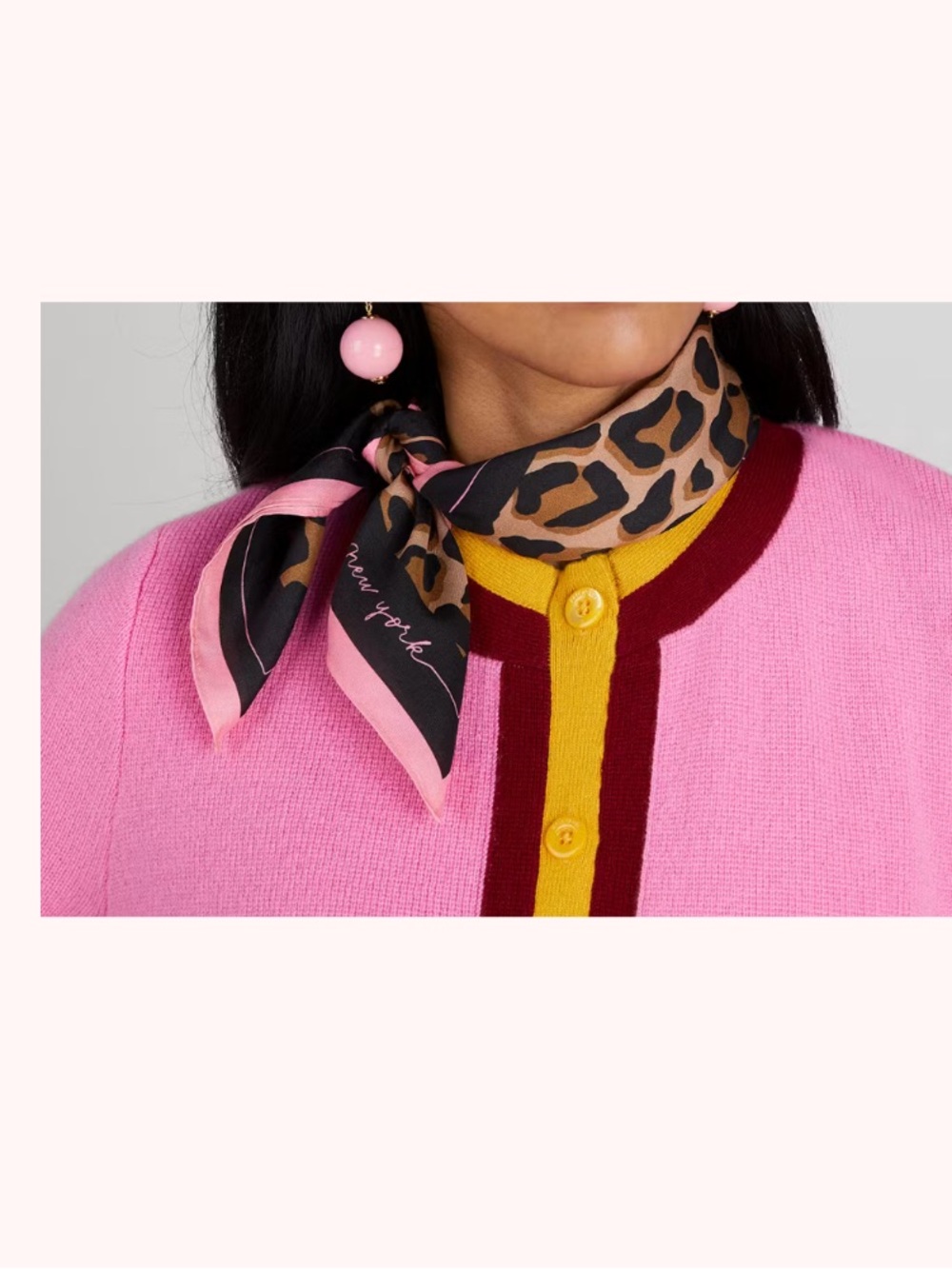 Kate Spade New York Leopard Print Cotton Silk Bandana Scarf Pink Trim NW - Picture 3 of 4